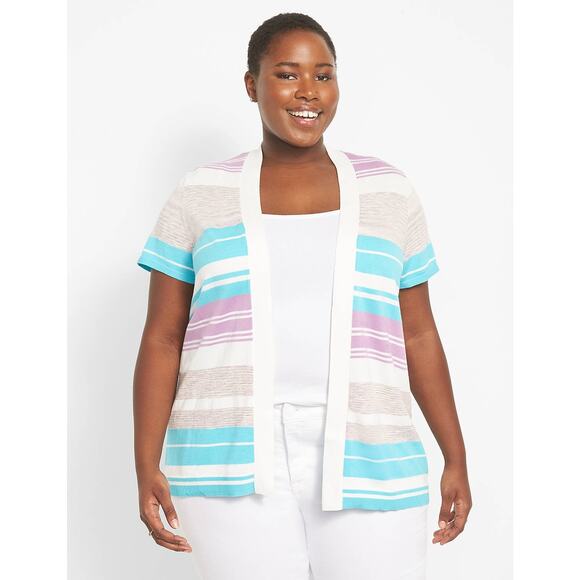 Lane Bryant Size 26 28 Striped Classic Short Sleeve Open Front Cardigan Sweater - Picture 1 of 7